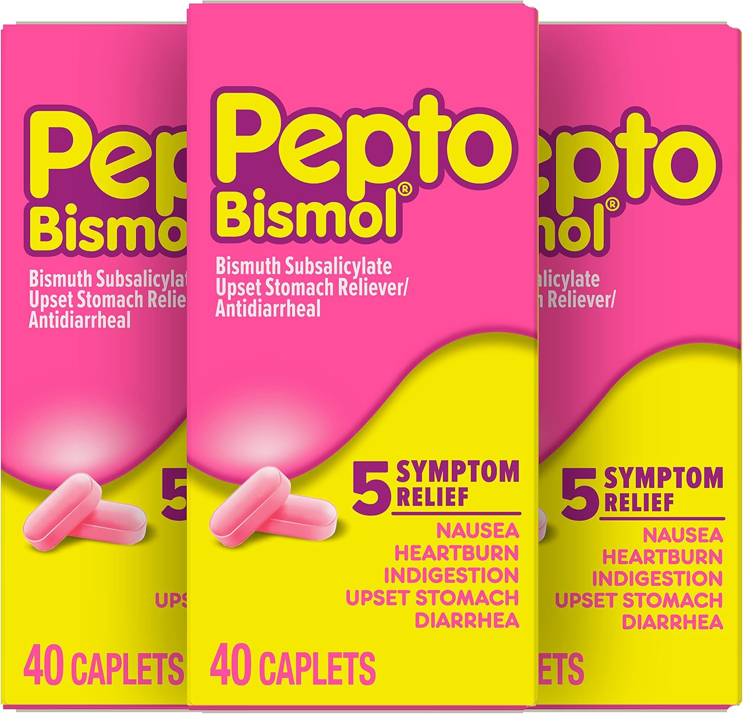 Pepto Bismol Caplets For Nausea, Heartburn, Indigestion, Upset Stomach, And Diarrhea, 5 Symptom Fast Relief In A Convenient Form, 120 Total (3 Packs Of 40)