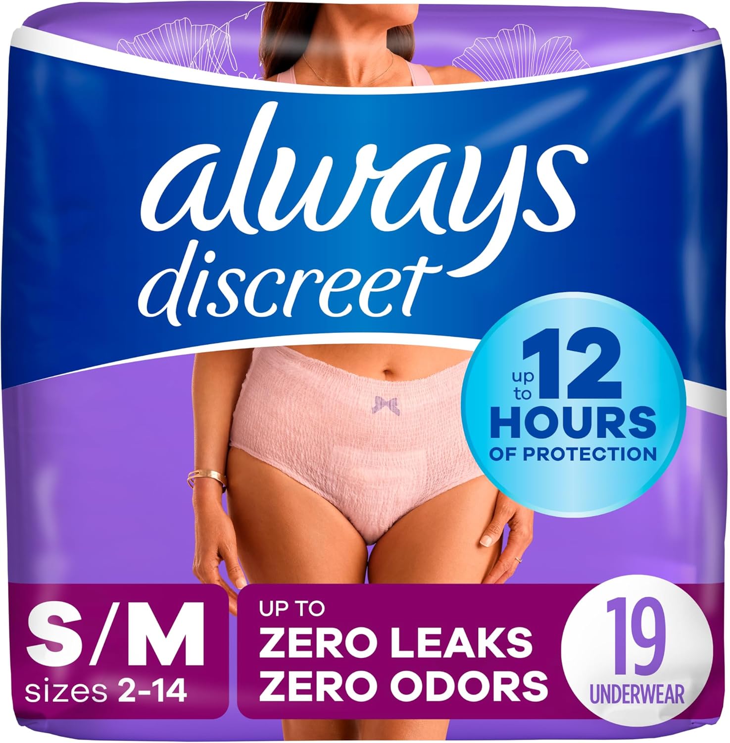 Always Discreet Adult Incontinence & Postpartum Underwear For Women, Size Small/Medium,White, Maximum Absorbency, Disposable, 19 Count(Pack Of 1) (Packaging May Vary)