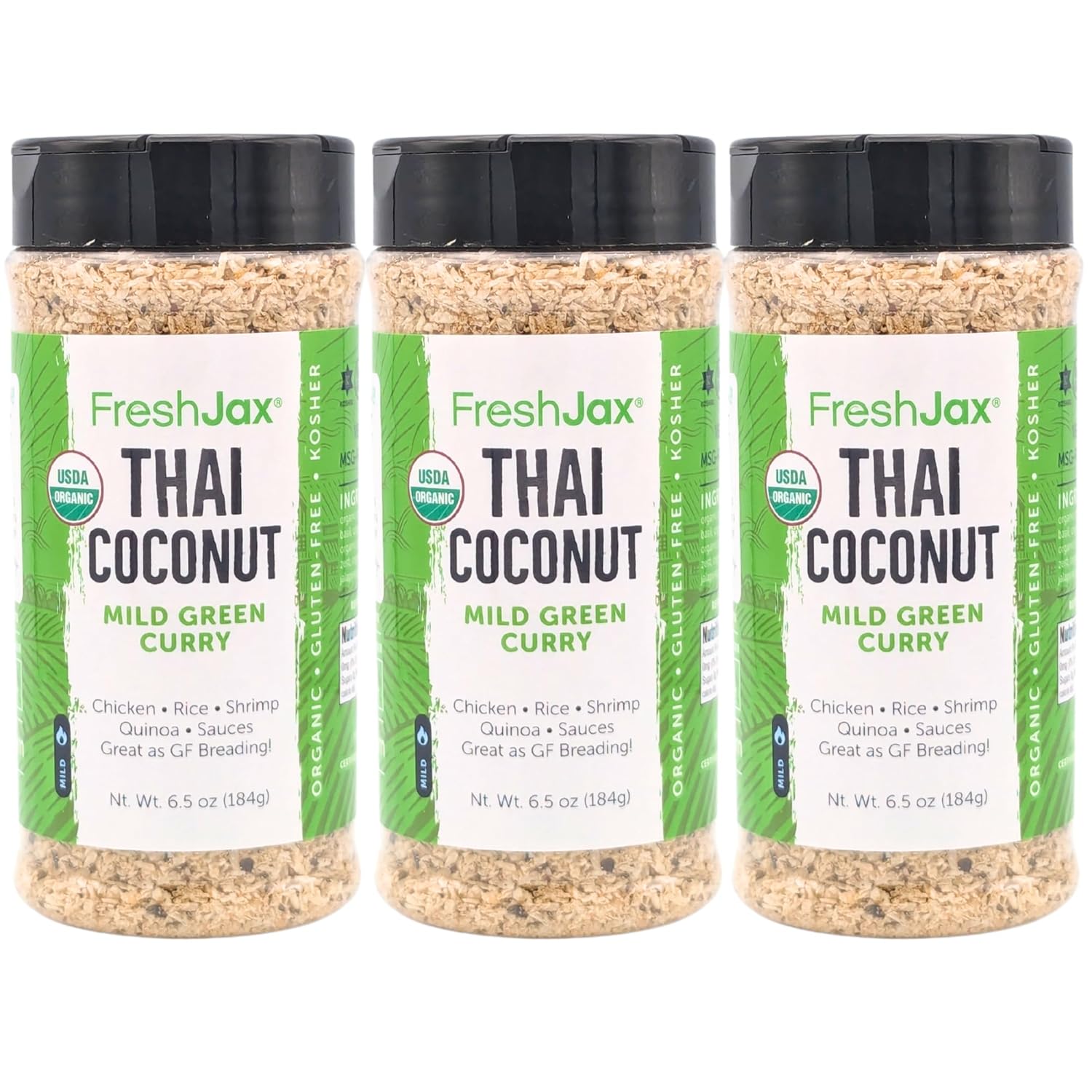 FreshJax Organic Thai Coconut Curry - Mild Green | 3 Extra Large 6.5 oz Bottles | Non GMO, Gluten Free, Keto, Paleo, Organic Green Curry Powder | Handcrafted in Jacksonville