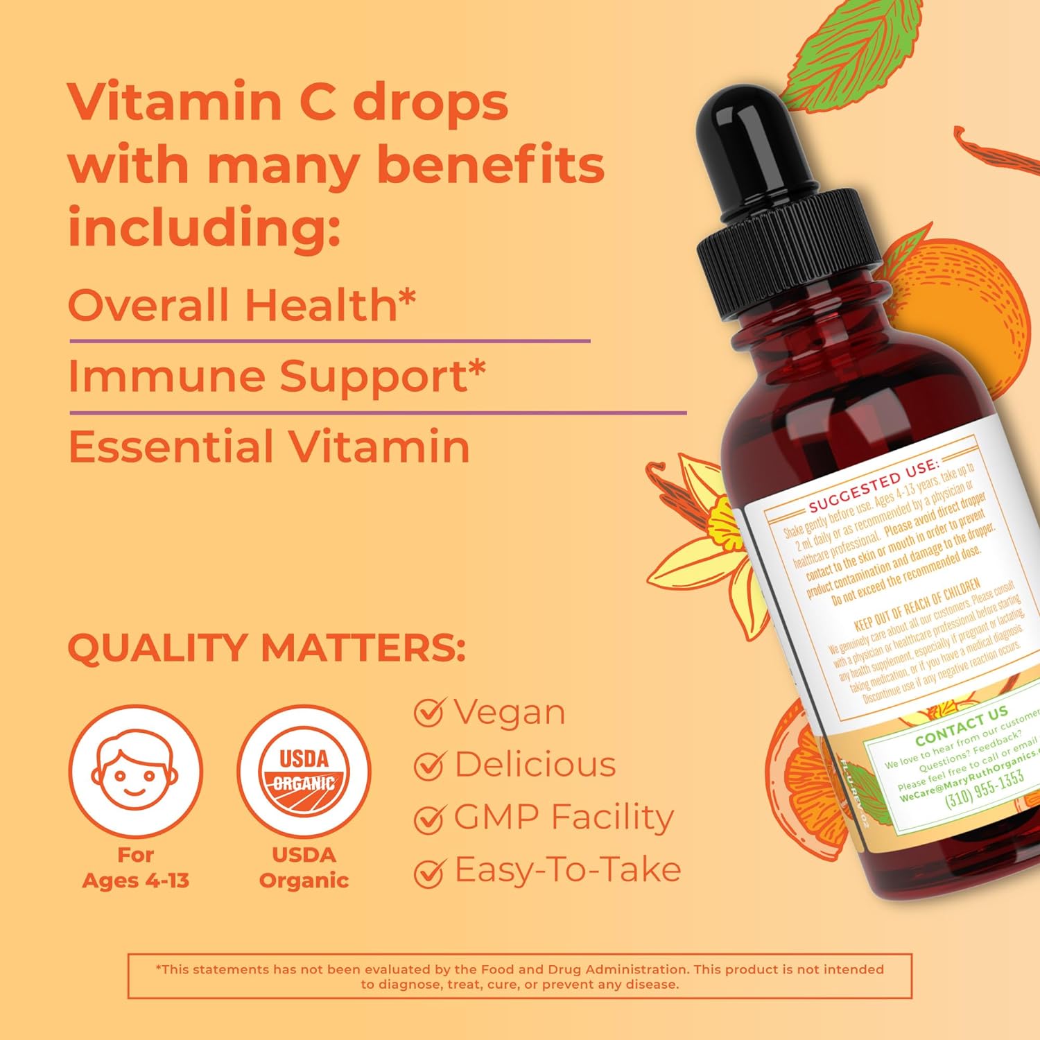 MaryRuth Organics USDA Organic Kids Vitamin C Drops, Vegan Vitamin C Immune Support Supplement for Ages 4-13, Immune Support & Overall Health, Vitamin C from Organic Acerola Fruit Extract, 2oz