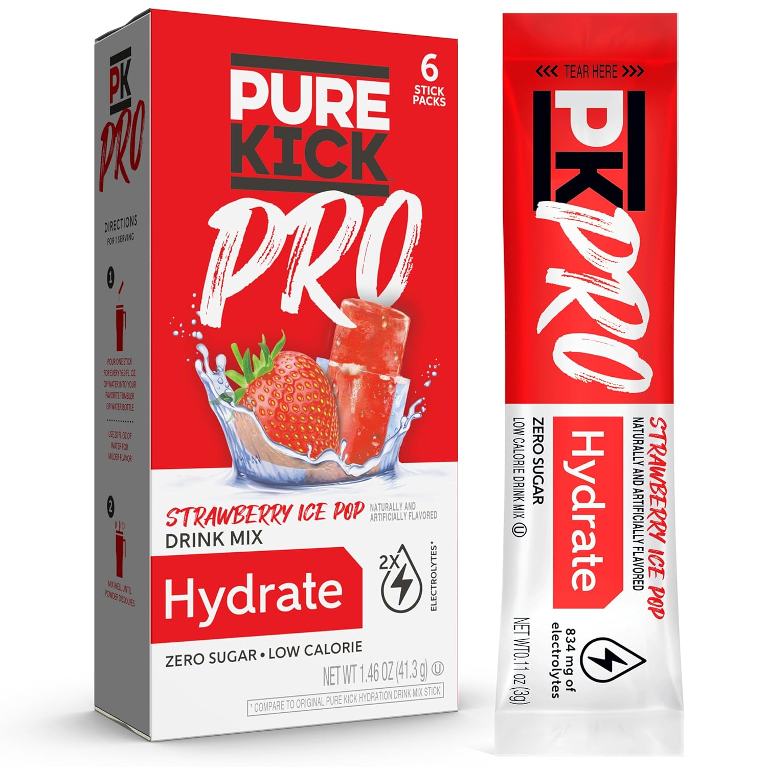 Pure Kick Pro Hydration Electrolyte Drink Mix, Strawberry Ice Pop, Includes 1 Box With 6 Packets In Each Box