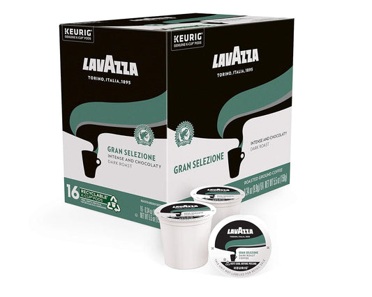 Lavazza Gran Selezione Single-Serve Coffee K-Cup Pods For Keurig Brewer, Dark Roast, 16 Count Box, Black, White