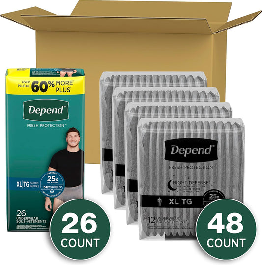 Adult Incontinence Underwear Bundle: Depend Fresh Protection Underwear for Men, Maximum, Extra-Large, Grey, 26 Count and Depend Night Defense Underwear for Men, Overnight, Extra-Large, Grey, 48 Count