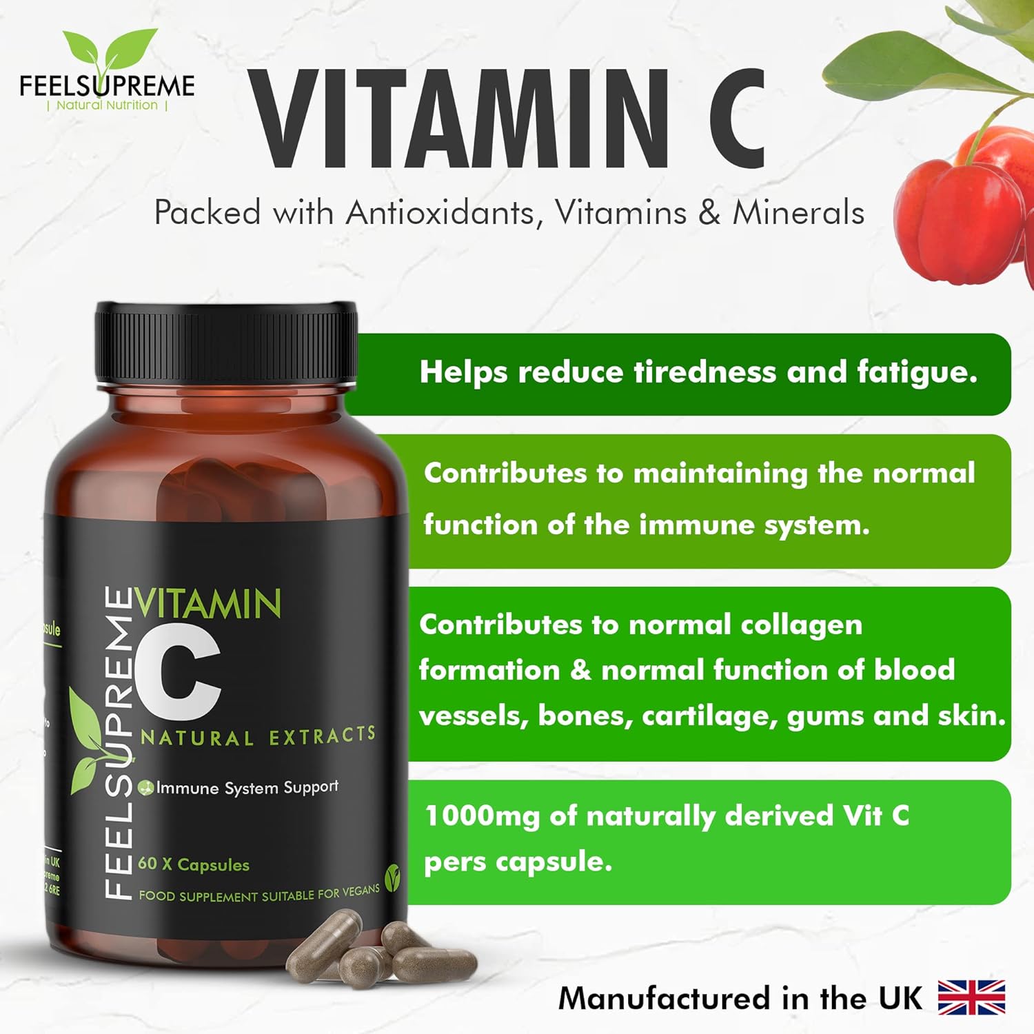 Feel Supreme - 100% Natural Vitamin C Capsules - Immune System Booster, VIT C Supplement, Vitamin C 1000mg, VIT C 1000mg Capsules, Vitamin C Supplements - 60 Capsules : Amazon.co.uk: Health & Personal Care
