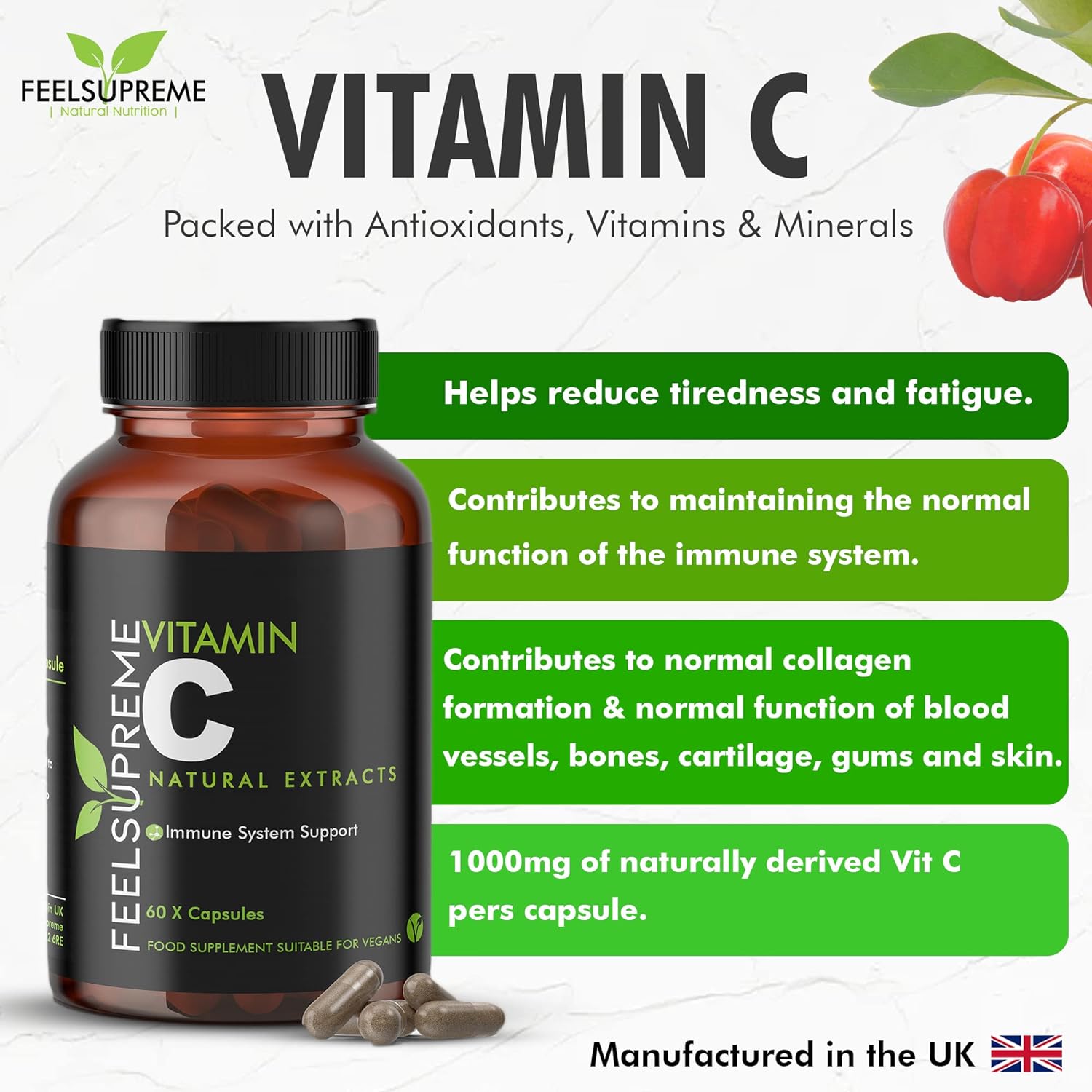 100% Natural Vitamin C 60 High Strength Food State Non-Synthetic Capsules Supplement Immune System Support No Nasty Fillers or Binders