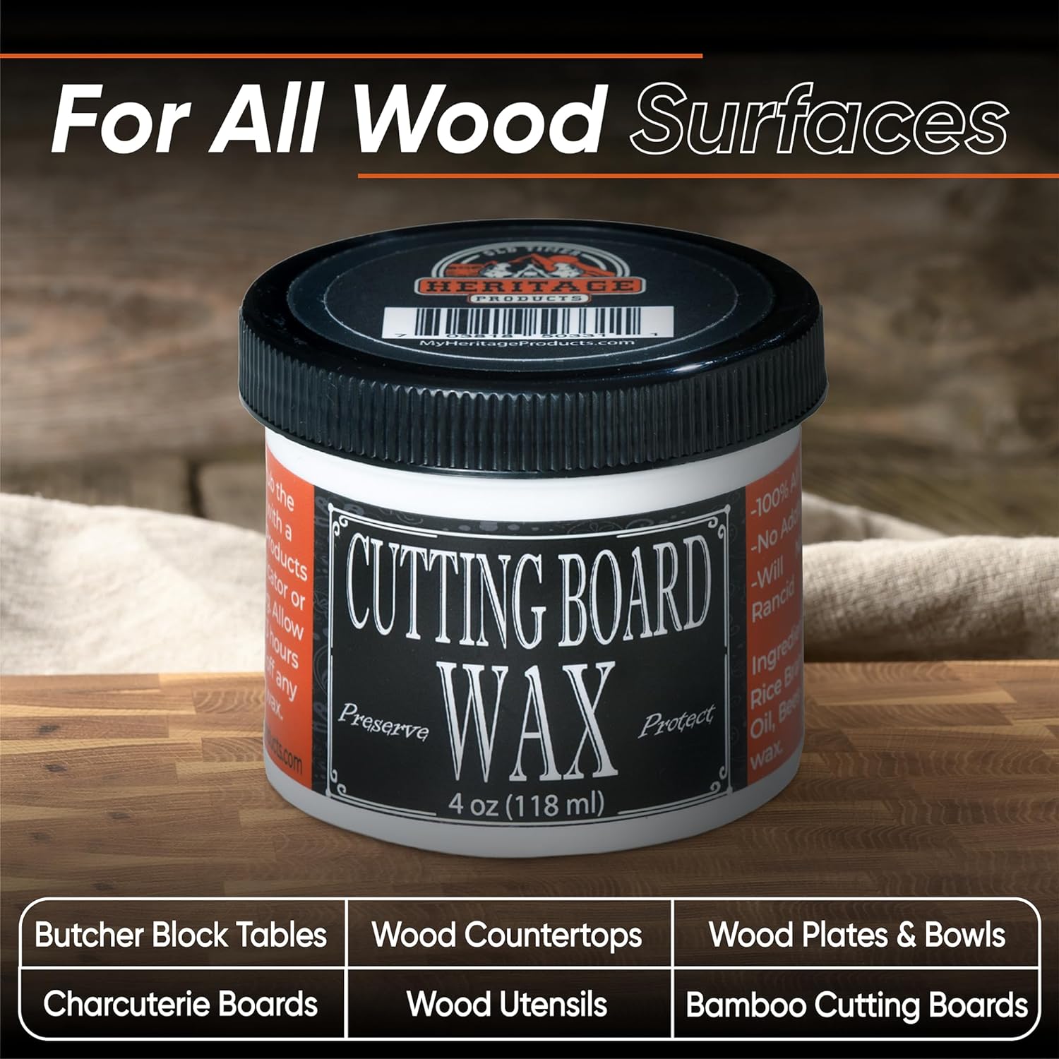 Heritage Products Cutting Board Wax - All Natural Plant Based Wood Wax for Butcher Block Counter, Chopping Block, Charcuterie Board and Tables Protects Against Stains and Odors, Enhances Finish (4 oz) : Health & Household