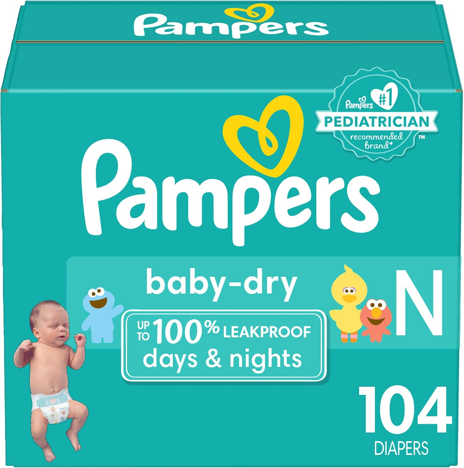 Pampers Baby Dry Diapers Newborn - Size 0, 104 Count, Absorbent Disposable Diapers