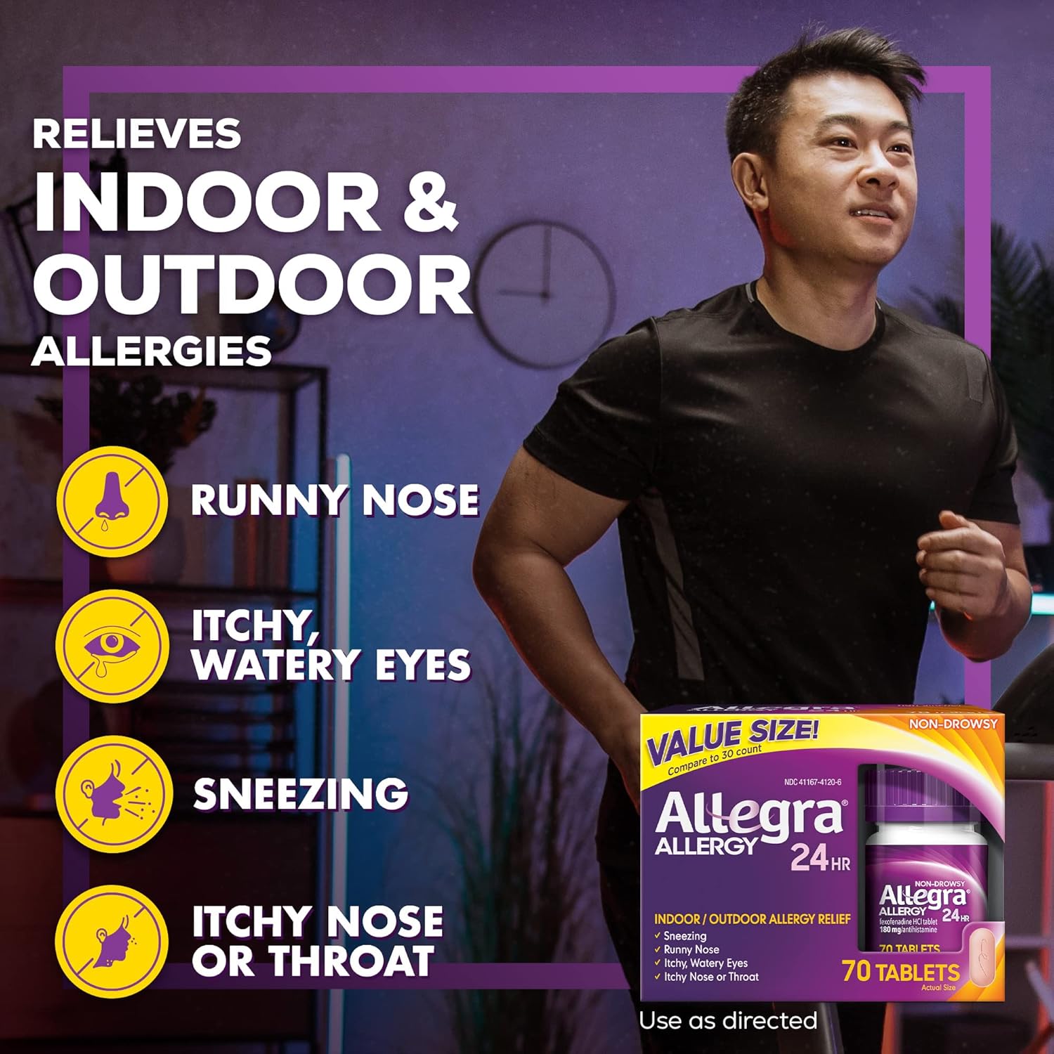 Allegra Adult 24HR Non-Drowsy Antihistamine, 70 Tablets, Fast-acting Allergy Symptom Relief, 180 mg : Health & Household