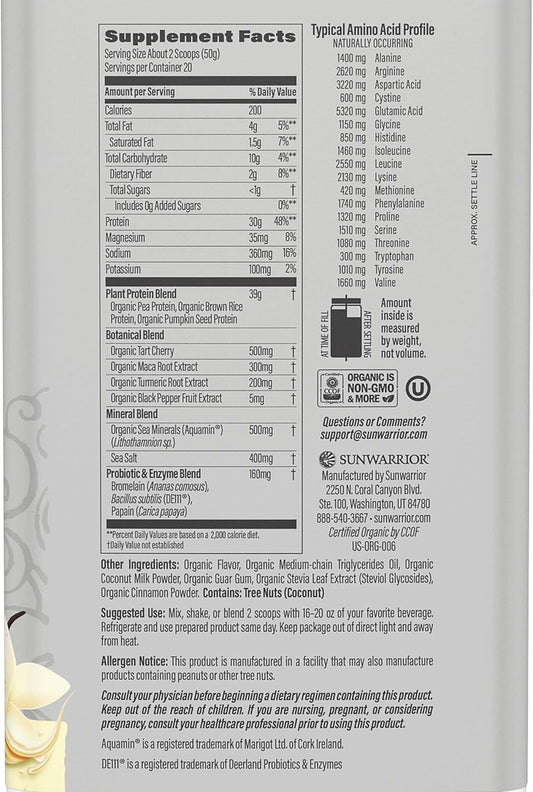 Sunwarrior Vegan Protein Powder Plant-Based Usda Organic Bcaas | Sugar Free Gluten Free Non-Gmo Dairy Free | Vanilla Flavored 20 Servings | Sport Organic Active Protein