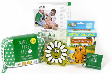 Mini First Aid Super Safety Bundle (Daisy) – Mini First Aid Kit (74 Items) - Hot & Cold Gel Pack (Woopsadaisy), Cpr Mask Keyring, Instant Cold Pack X2 & Paediatric Easy Book, 1. Count