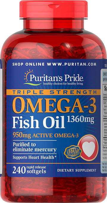 Puritan'S Pride Triple Strength Omega-3 Fish Oil 1360 Mg (950 Mg Active Omega-3), 240 Count, Package May Vary