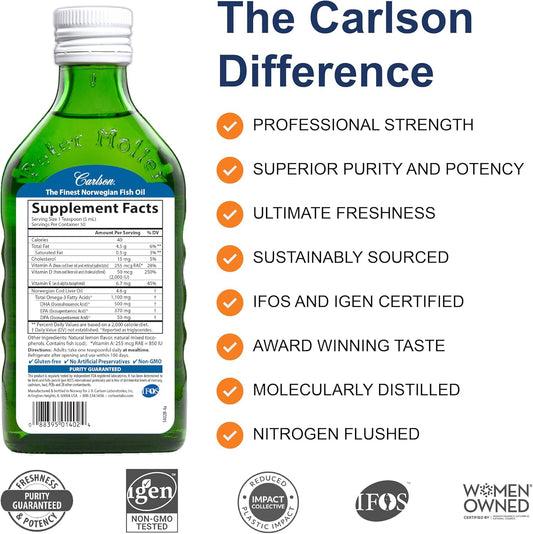 Carlson - Super D Omega-3, Wild-Caught Norwegian Arctic Cod Liver Oil, 2000 Iu (50 Mcg) Vitamin D3, 1100 Mg Omega-3S, Sustainably Sourced Nordic Fish Oil Liquid, Lemon, 250 Ml