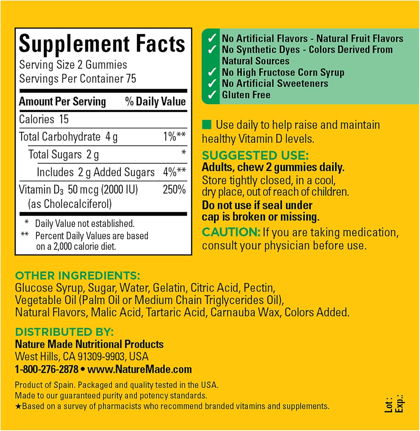 Nature Made Vitamin D3 2000 IU (50 mcg) per serving, Dietary Supplement for Bone, Teeth, Muscle and Immune Health Support, 150 Gummies, 75 Day Supply : Health & Household