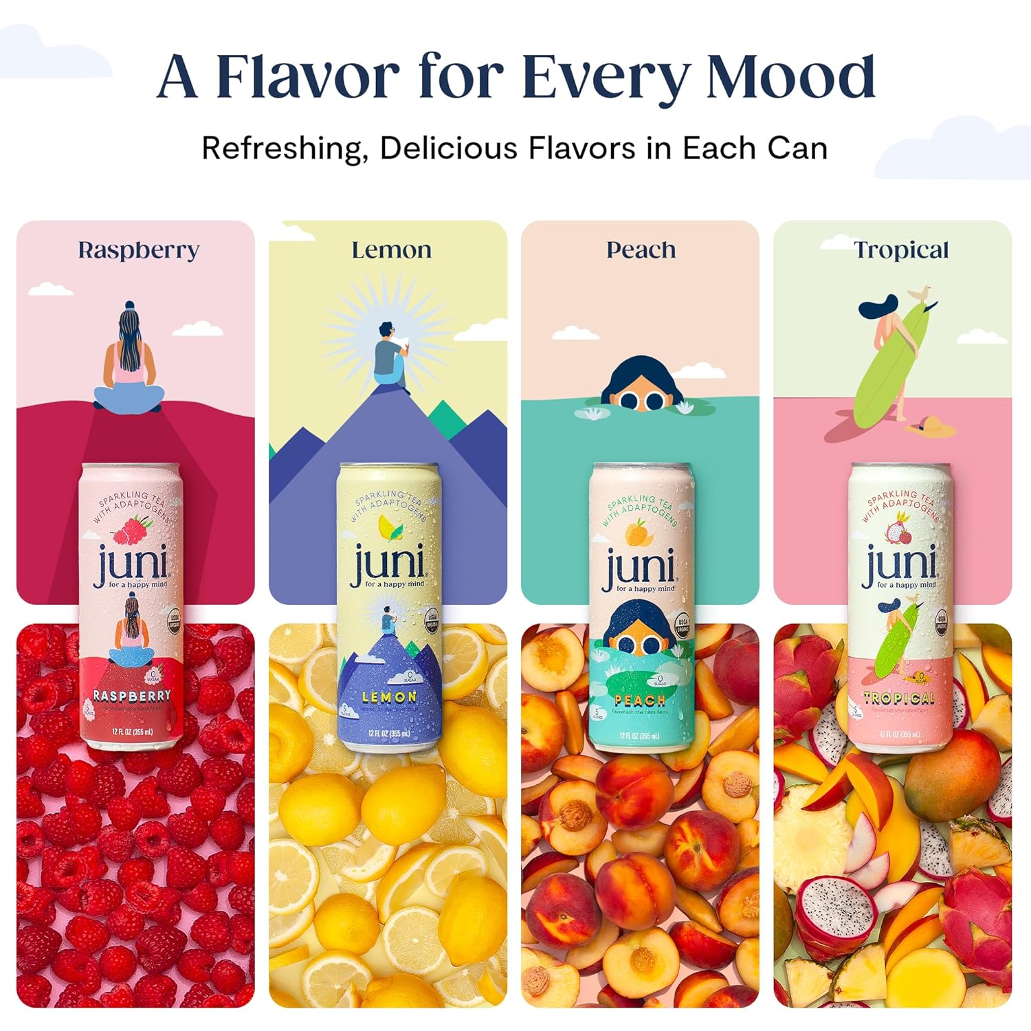 Juni Sparkling Tea With Adaptogens, Zero Sugar, 5 Calories, Organic Adaptogen Drink With Natural Caffeine From Green Tea, Vegan, Tropical, 12 Fl Oz Cans (12-Pack)