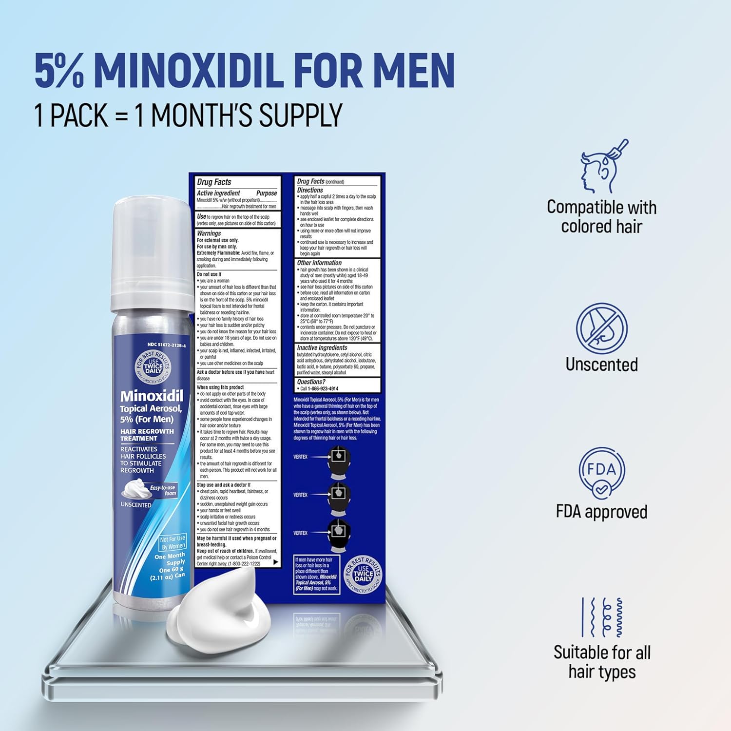 Taro Minoxidil For Men, 2.11 Oz (1 Month Supply) Clinically Proven To Regrow Hair, Topical Aerosol Foam 5%, Hair Thinning Treatment : Beauty & Personal Care