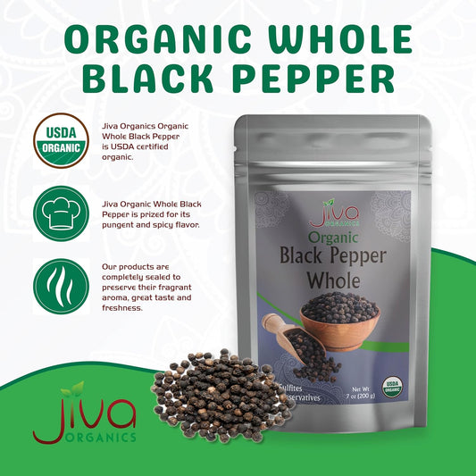 Jiva Organics Black Peppercorns Whole 7 Ounce Bag | Non-GMO, Steam Sterilized, Whole Black Pepper For Grinder Refill