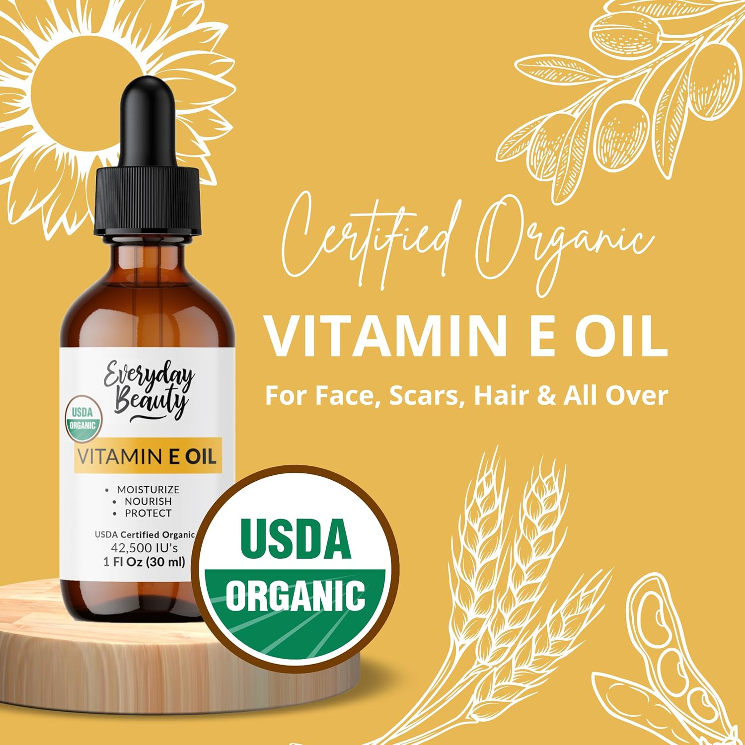Organic Vitamin E Oil – Certified Organic Blend Of Vitamin E - Deeply Hydrating Care For Face, Skin, Hair, Scars – Antioxidant-Rich, Fragrance-Free, And Gentle On Skin - 1 Fl Oz Glass Dropper & Bottle : Beauty & Personal Care