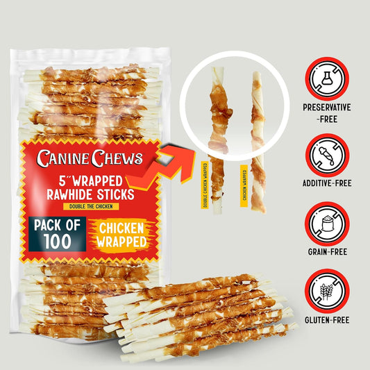 Canine Chews 5" Double Wrapped Chicken Dog Treats - 100% USA Chicken Wrapped Dog Treats Double Chicken Sticks for Dogs - Wrapped Dog Chicken Treats - Chicken Wrapped Rawhide Dog Sticks Treats 100pk
