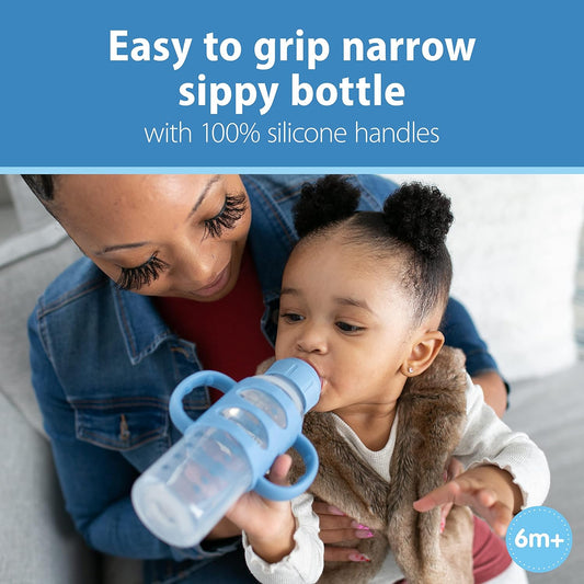 Dr. Brown'S Milestones Narrow Sippy Bottle With 100% Silicone Handles,Easy-Grip Bottle With Soft Sippy Spout,8Oz/250Ml,Bpa Free,Light-Blue,6M+