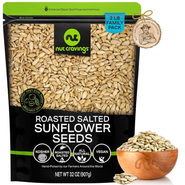 Nut Cravings - Roasted Salted Sunflower Seeds Kernels to eat, No Shell Hulled (32oz - 2 LB) Bulk Nuts Packed Fresh in Resealable Bag - Healthy Protein Food Snack, Natural, Keto Friendly, Vegan, Kosher