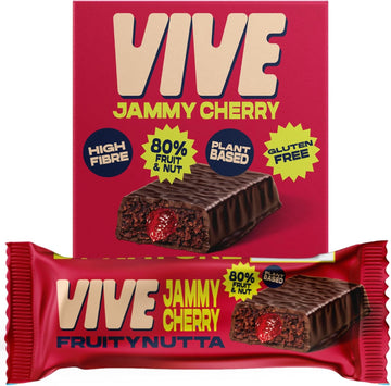 Vive Jammy Cherry Fruity Nutta Bars – Vegan Fruit & Nut Snack With Real Fruit Jam Filling – 80% Fruit & Nut, Belgian Chocolate Coated, Gluten-Free, Natural Ingredients – Pack Of 20 Healthy Snack Bars
