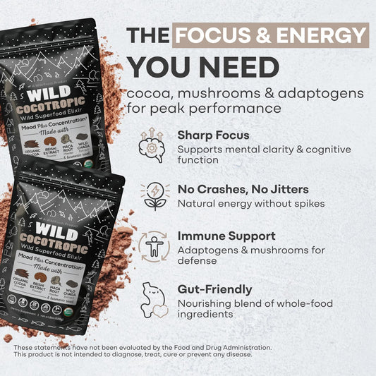 Wild Cocotropic Organic Mushroom Cocoa Mix - Healthy Vegan Hot Chocolate Mix - Organic Cacao Powder, Reishi, Chaga, Maca, Turmeric - 3Rd Party Tested - Sugar Free - Keto & Paleo - (2 Packs Of 16Oz)