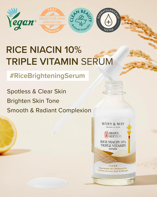 Mary&May Seoul Edition Rice Niacin 10% Triple Vitamin Serum - Korean Radiance Serum For Even Skin Tone And Healthy Glow - Niacinamide, And Vitamins - Fragrance-Free, Cruelty-Free, 2.7 Fl.Oz