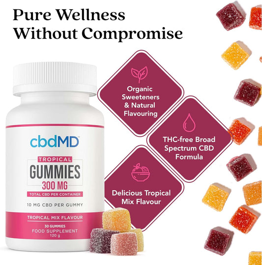 Cbdmd Tropical Gummies 300Mg - Cbd Gummies, High Strength Gummy, Infused With Broad-Spectrum Hemp Extract, No Thc, Tropical Mix Flavour, 30 Count