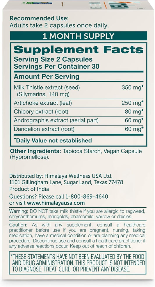 Himalaya Milk Thistle Liver Support Capsules, 60 Count, 350 Mg Milk Thistle With Artichoke, Chicory, Andrographis & Dandelion, Supports Liver Function & Cleansing