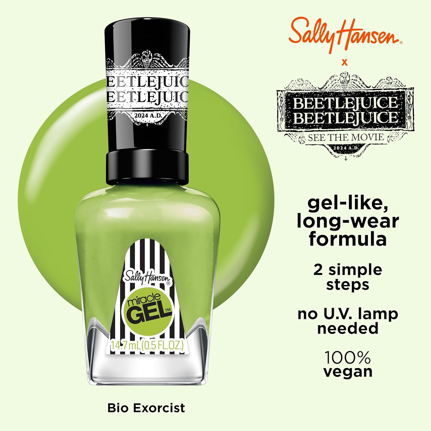 Sally Hansen Miracle Gel™, Beetlejuice Bio Exorcist?, Long Lasting, Gel-Like Formula, No UV Lamp Needed, Green Nail Polish