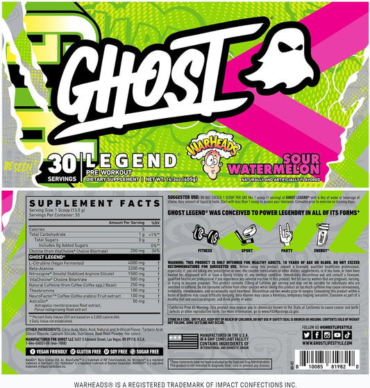 Ghost Legend V3 Pre-Workout Powder, Warheads Sour Watermelon - 30 Servings – Pre-Workout For Men & Women With Caffeine, L-Citrulline, & Beta Alanine For Energy & Focus