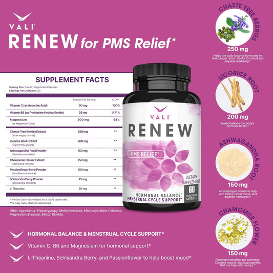 Vali Renew Pms Relief Supplement. Women’S Menstrual Cycle Support. Herbal Formula Vitamins Complex For Healthy Flow. Cramps, Mood & Monthly Period Health. Hormone Balance For Women, 60 Veggie Capsules