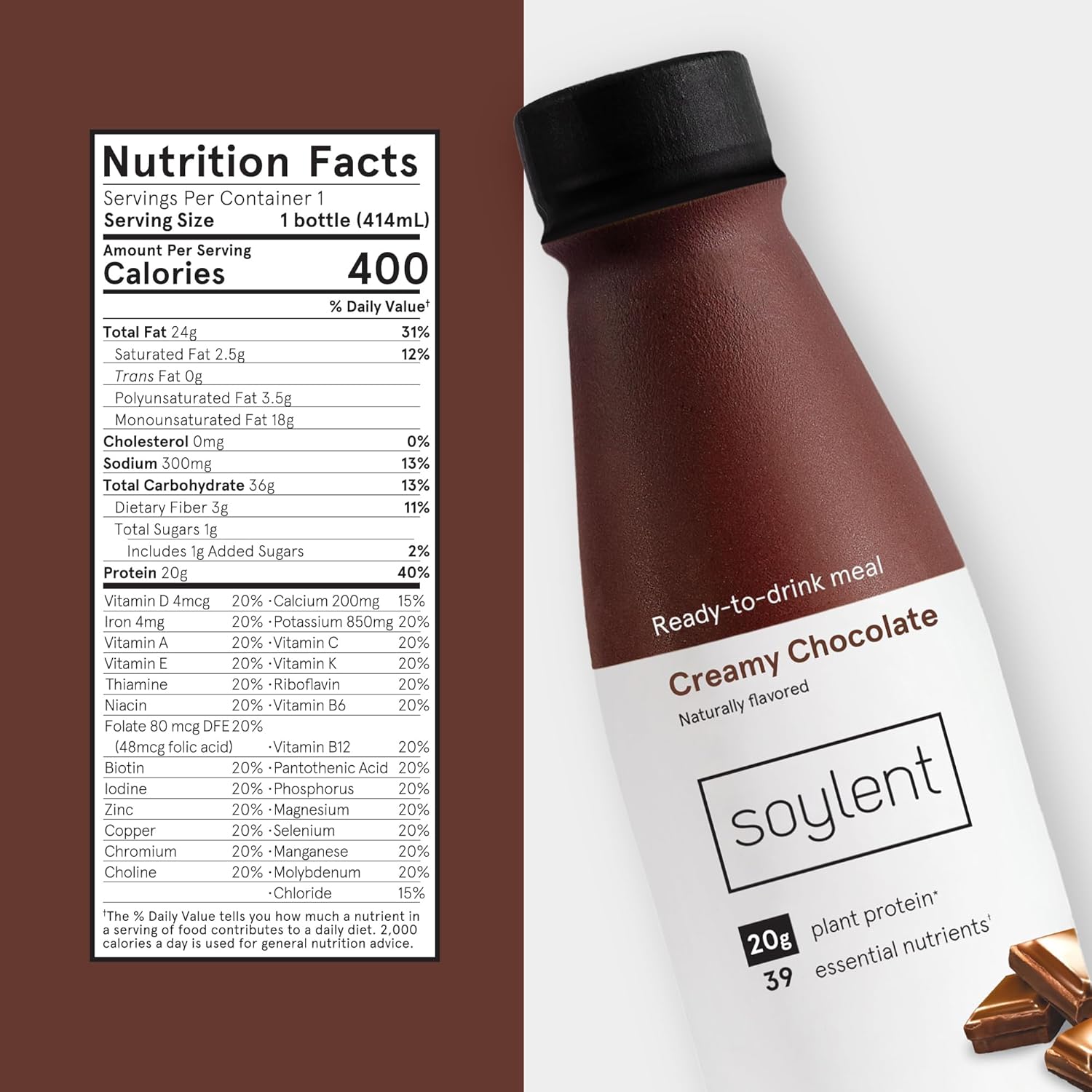 Soylent Creamy Chocolate Meal Replacement Shake, Ready-to-Drink Plant Based Protein Drink, Contains 20g Complete Vegan Protein and 1g Sugar, 14oz, 12 Pack : Everything Else