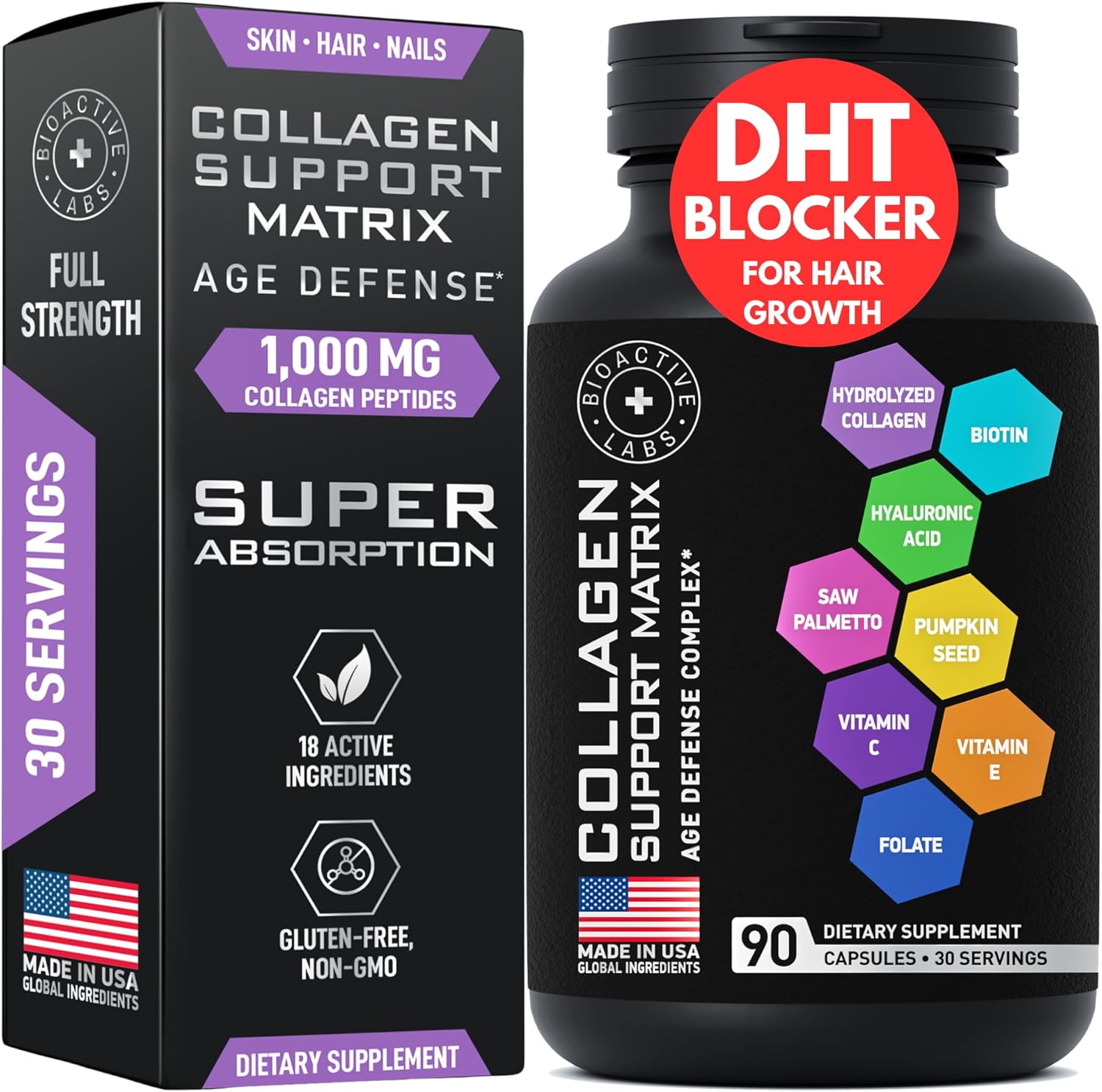Age Defense Beauty Collagen Matrix - 2,000Mg Multi Collagen Biotin Keratin Hyaluronic Acid Saw Palmetto Vitamin C Supplement Complex - Dht Blocker For Men & Women For Hair Growth - 90 Gluten-Free Caps