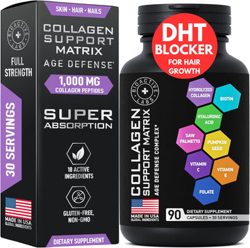 Age Defense Beauty Collagen Matrix - 2,000Mg Multi Collagen Biotin Keratin Hyaluronic Acid Saw Palmetto Vitamin C Supplement Complex - Dht Blocker For Men & Women For Hair Growth - 90 Gluten-Free Caps