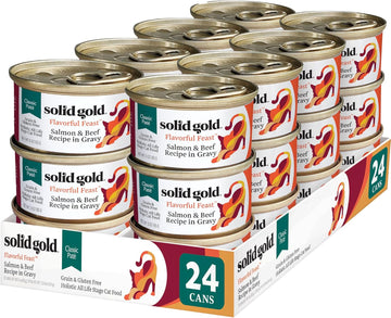 Solid Gold Wet Cat Food Pate - Canned Cat Food Made W/Real Salmon & Beef For Indoor Cats Of All Ages - Flavorful Feast Grain Free Cat Wet Food For Sensitive Stomach & Healthy Living - 24Ct/3Oz Can