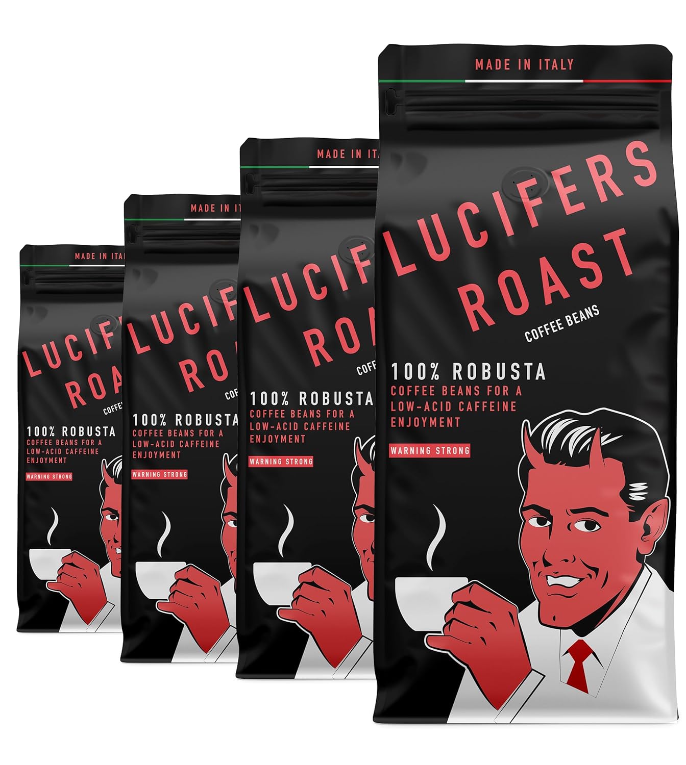 Lucifers Roast 4X2.2Lb Coffee Beans From Italy - Extra Strong Espresso Dark Roast - Low Acidity - For Automatic Coffee Machines Or Espresso Makers - 100% Robusta (Whole Beans, 4X2.2Lb)