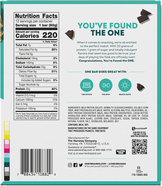 One Protein Bars, Chocolate Chip Cookie Dough, Gluten Free Protein Bars With 20G Protein And Only 1G Sugar, Guilt-Free Snacking For High Protein Diets, 2.12 Oz (12 Pack)