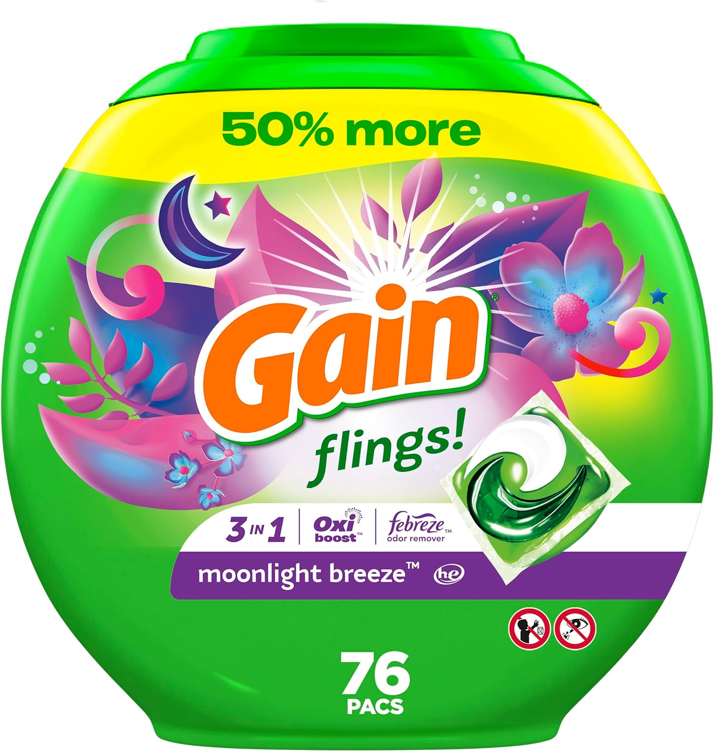 Gain Flings Laundry Detergent Soap Pacs, He Compatible, Long Lasting Scent, Moonlight Breeze Scent, 76 Count