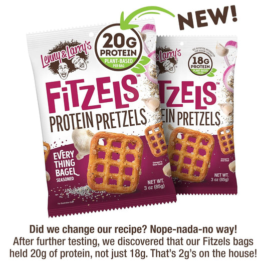 Lenny & Larry'S Everything Bagel Fitzels- Savory Pretzel Snacks Incredibly Tasty, High Protein Salty, Vegan, Kosher 20 G'S Of Plant Based Protein 8 (Eight) Bags, 3 Oz Each