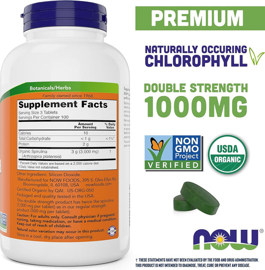 NOW Foods Organic Spirulina 1000mg Tablets - 300 Count - Non-GMO, Super Green Whole Food Supplement - Double Strength 1000 mg - Naturally Occurring Beta-Carotene (Vit A), B-12 and GLA