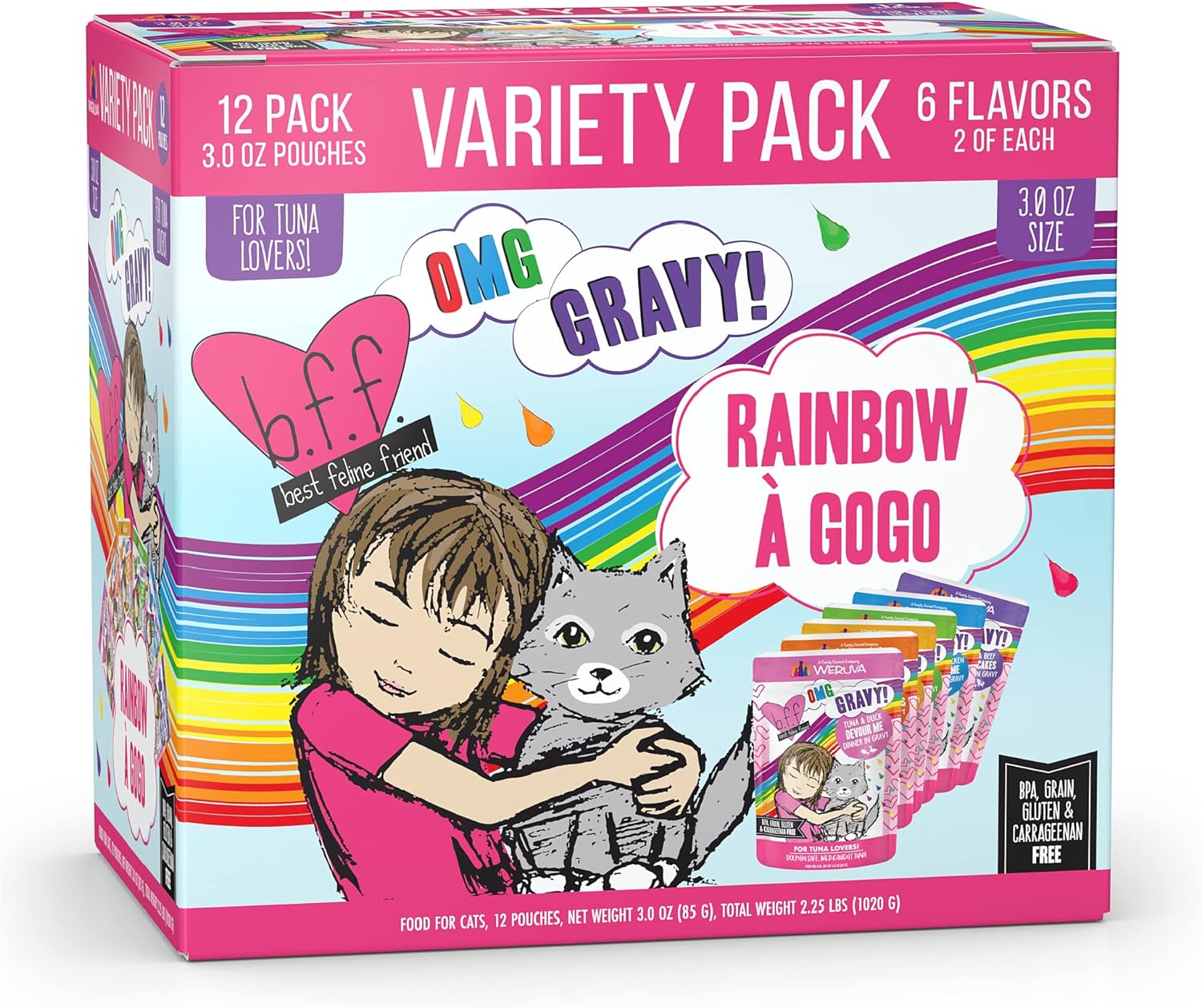 Weruva B.F.F. Omg - Best Feline Friend Oh My Gravy!, Rainbow A Gogo Variety Pack! Cat Food, 3Oz Pouch (Pack Of 12)