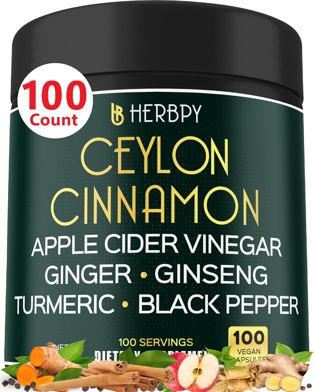 6In1 Premium Ceylon Cinnamon Supplements 7550Mg Plus Apple Cider Vinegar, Turmeric, Ginger, Panax Ginseng & Black Pepper For Daily Activities, Heart Health & Digestion - 100 Count