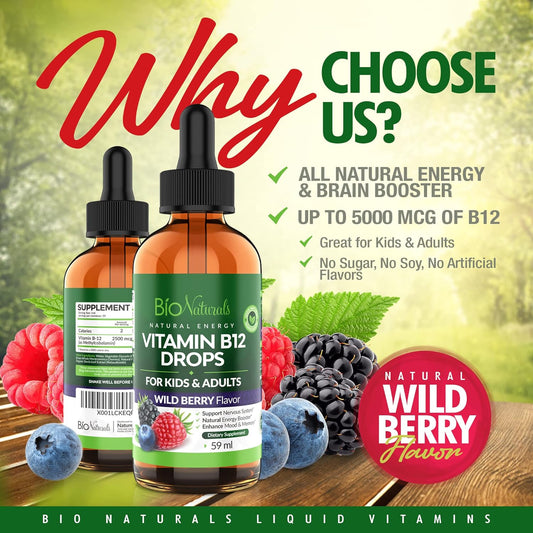 Bio Naturals Vitamin B12 Liquid Drops For Adults & Kids - 100% Natural Sublingual Methylcobalamin - Highest Absorption - Energy & Brain Booster Helps With Fatigue & Weakness - Wild Berry - 2 Fl Oz