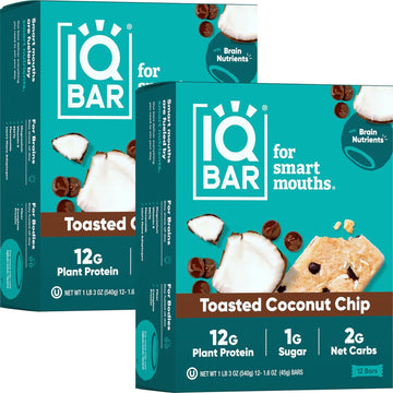 Iqbar Brain And Body Plant Protein Bars - Toasted Coconut Chip - 24 Count, Low Carb, High Fiber, Gluten Free, Vegan Snacks - Low Sugar Keto Energy Bar