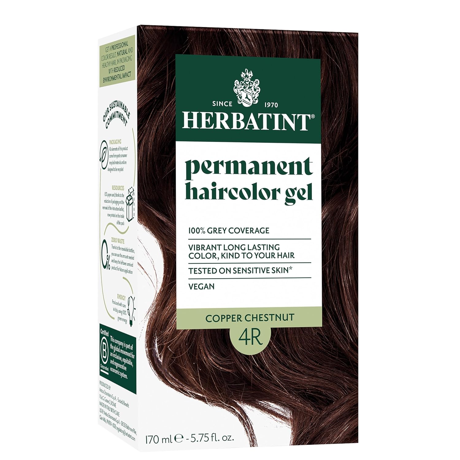 Herbatint Permanent Hair Dye For Women - 4R Copper Chestnut - For Up To 100% Gray Coverage Of Resistant Gray Hair - Ammonia-Free, Alcohol-Free & Vegan - Salon Influenced Hair Color 5.75 Fl Oz