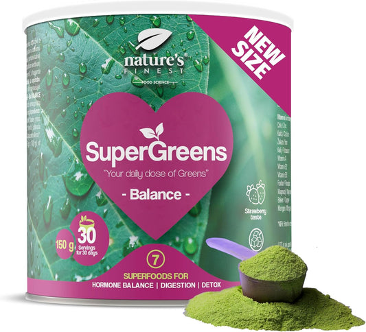 Nature'S Finest By Nutrisslim Super Greens Balance – Organic Superfood Powder With Ashwagandha & Maca – Supports Relaxation & Well-Being – Vegan, Bio, 150G (30 Servings) – Strawberry Flavor