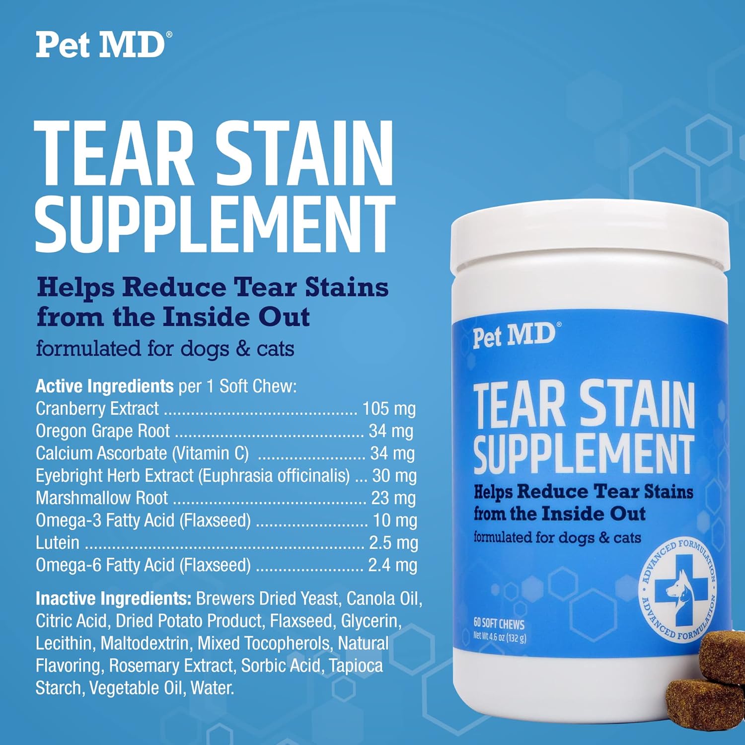 Pet MD Tear Stain Remover for Dogs & Cats - Antioxidant Eye Care Supplement with Lutein, Cranberry, & Omega 3 & 6 - Cat & Dog Tear Stain Remover Chews for White & Light Fur - 60 ct : Pet Supplies