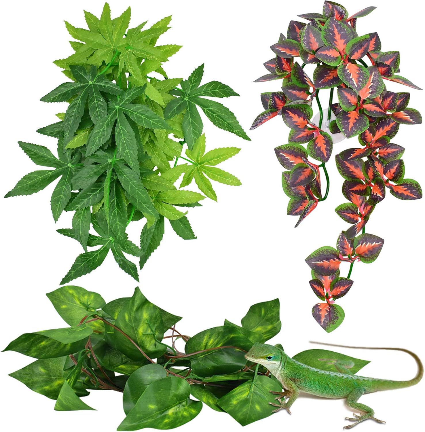 Katumo Reptile Plants, 3 Pcs Amphibian Hanging Plants With Suction Cup For Snake, Bearded Dragons, Lizards, Geckos, Toads, Hermit Crab Tank Pets Habitat Decorations