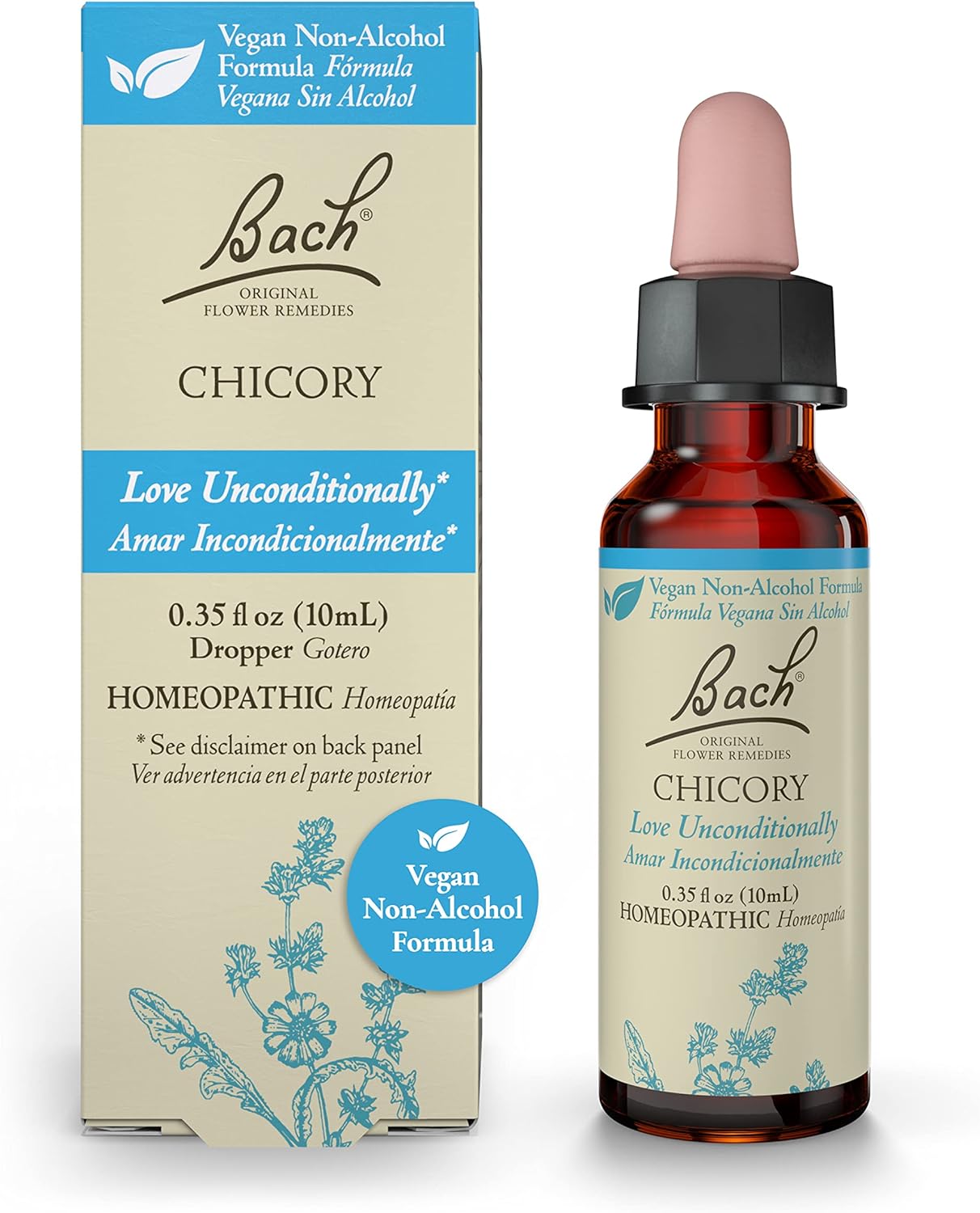Bach Original Flower Remedies, Chicory for Unconditional Love (Non-Alcohol Formula), Natural Homeopathic Flower Essence, Holistic Wellness and Stress Relief, Vegan, 10mL Dropper